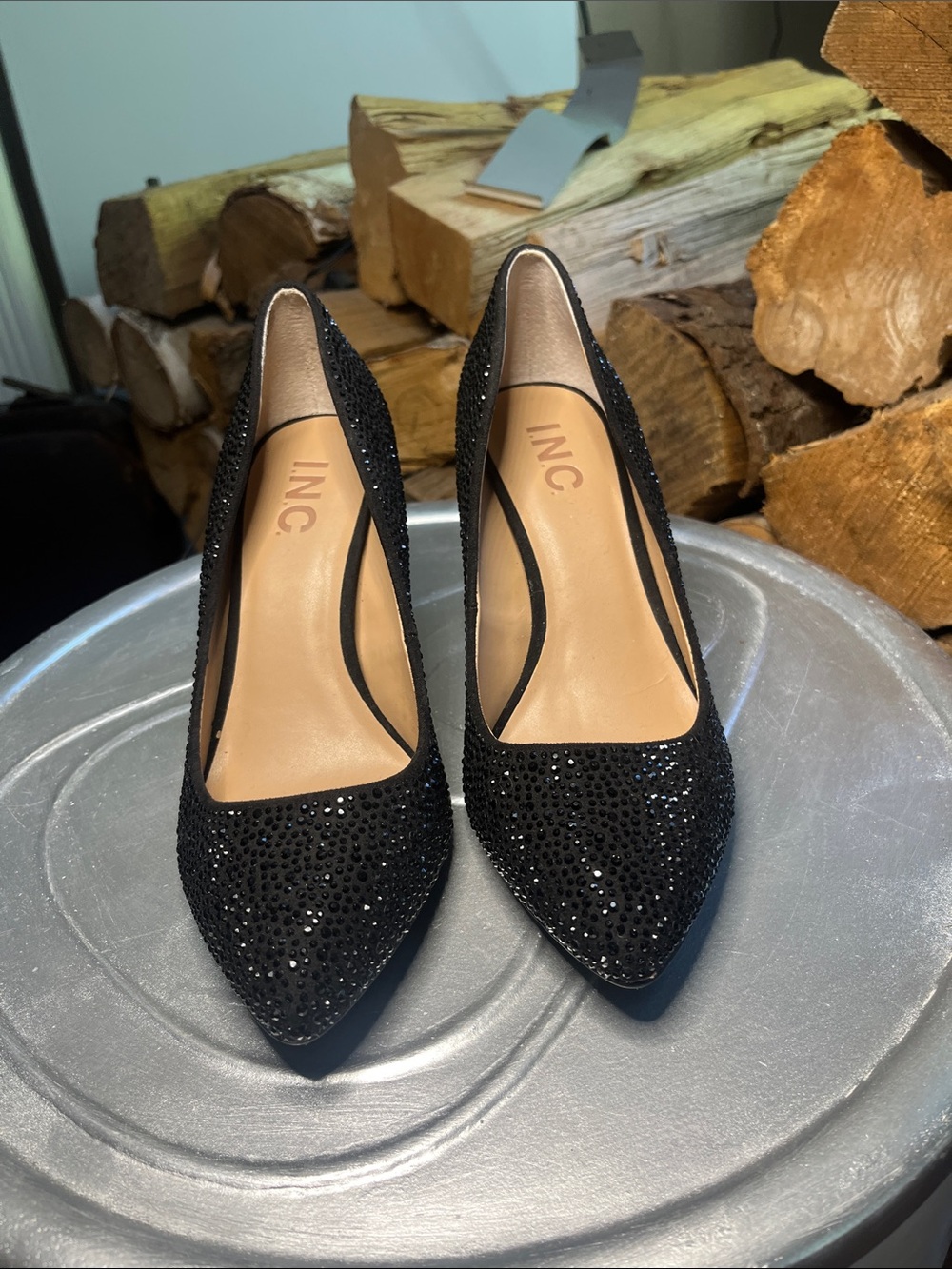 INC International Concepts Black Crystal Pointed Toe Heels
